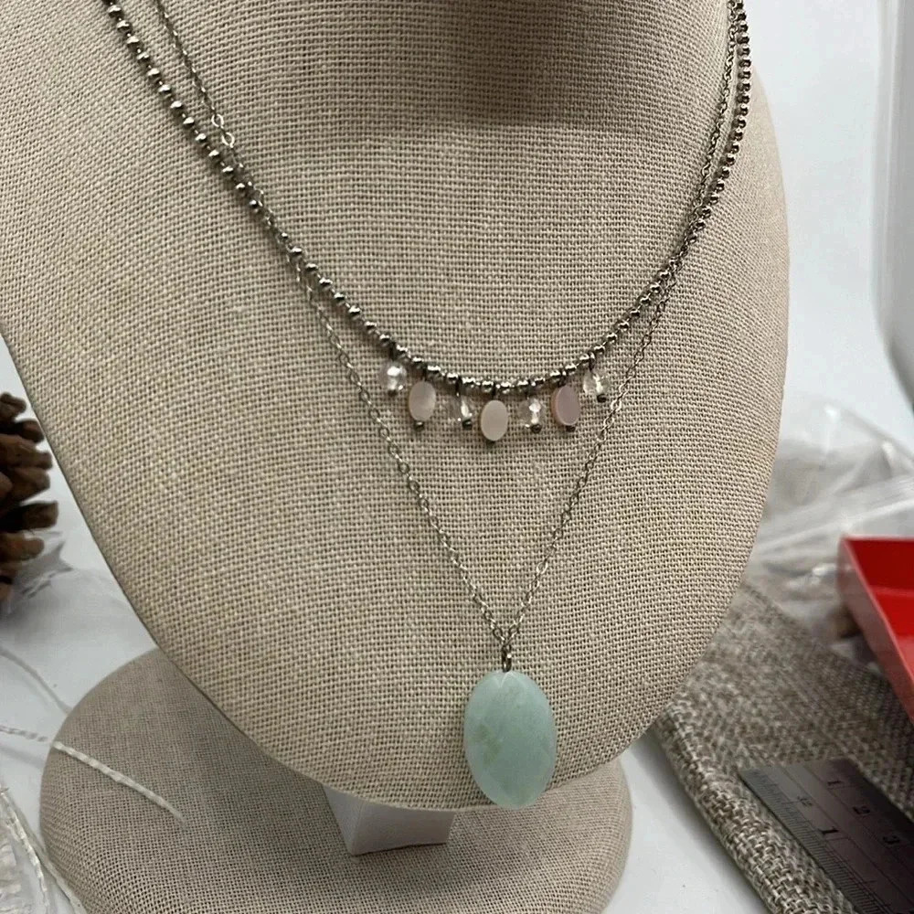 ELLE Sterling Silver Double Strand Amazonite Drop Necklace Created Ruby 16-18in - Picture 1 of 17